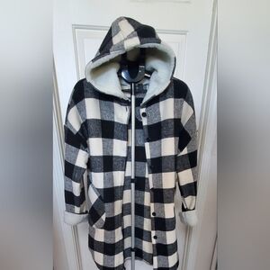 Black and Ivory Plaid Hooded Coat